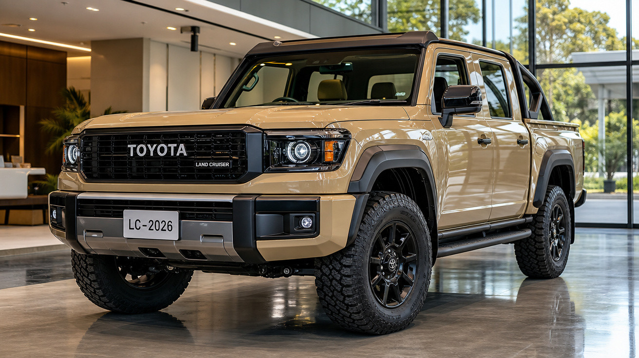 Toyota Land Cruiser 2026 bege exposta em showroom moderno com detalhes pretos e pneus off-road.