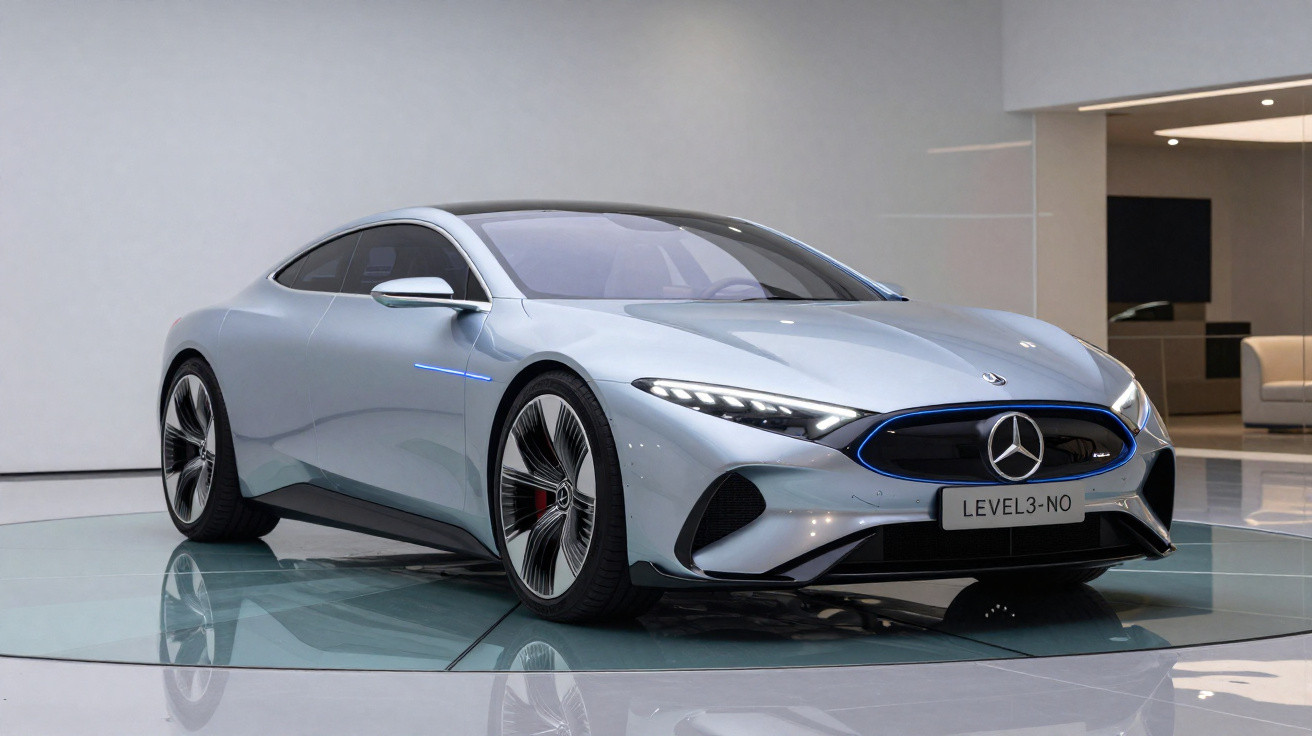 Carro elétrico esportivo prata da Mercedes-Benz em exposição interna com luzes de LED acesas.
