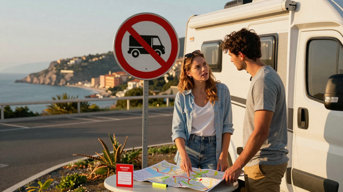 Casal jovem consultando mapa ao lado de trailer próximo a placa de proibição de caminhões perto do mar.