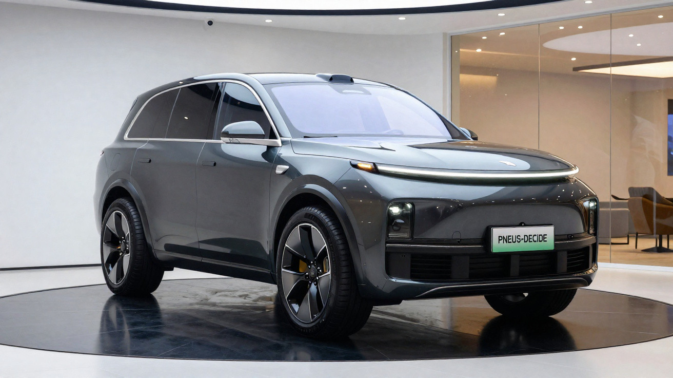 Carro SUV elétrico cinza estacionado em ambiente interno moderno com piso refletivo.