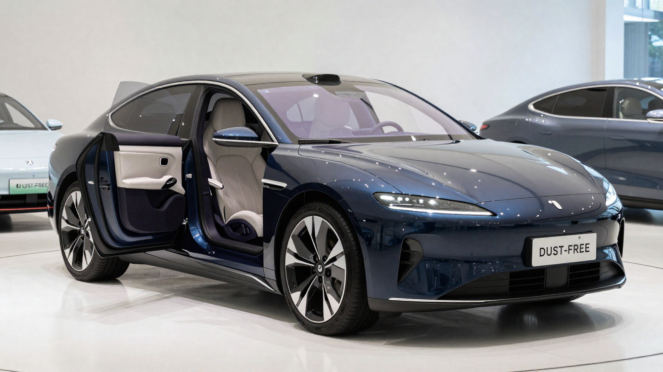 Carro elétrico azul escuro com porta aberta em exposição dentro de showroom moderno.