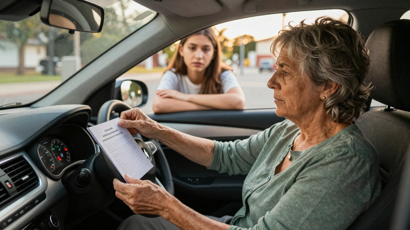 Mulher idosa dentro de carro mostrando documento para jovem em pé na janela do veículo.