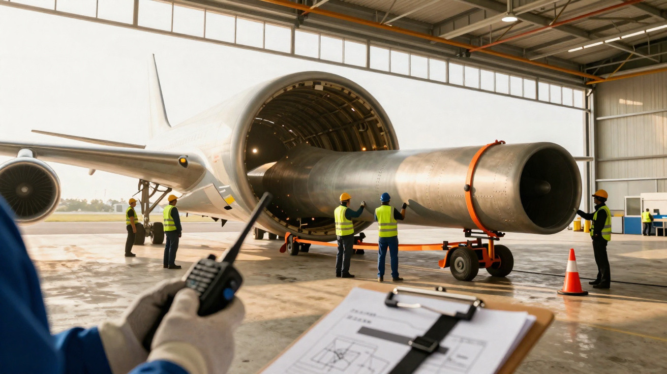 Técnicos removem ou instalam motor gigante em avião dentro de hangar de manutenção.