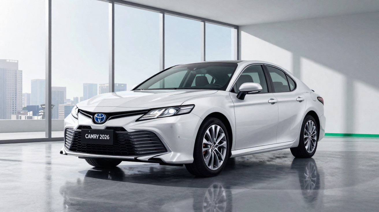 Carro Toyota Camry 2026 branco estacionado em ambiente interno com janelas grandes e vista urbana.