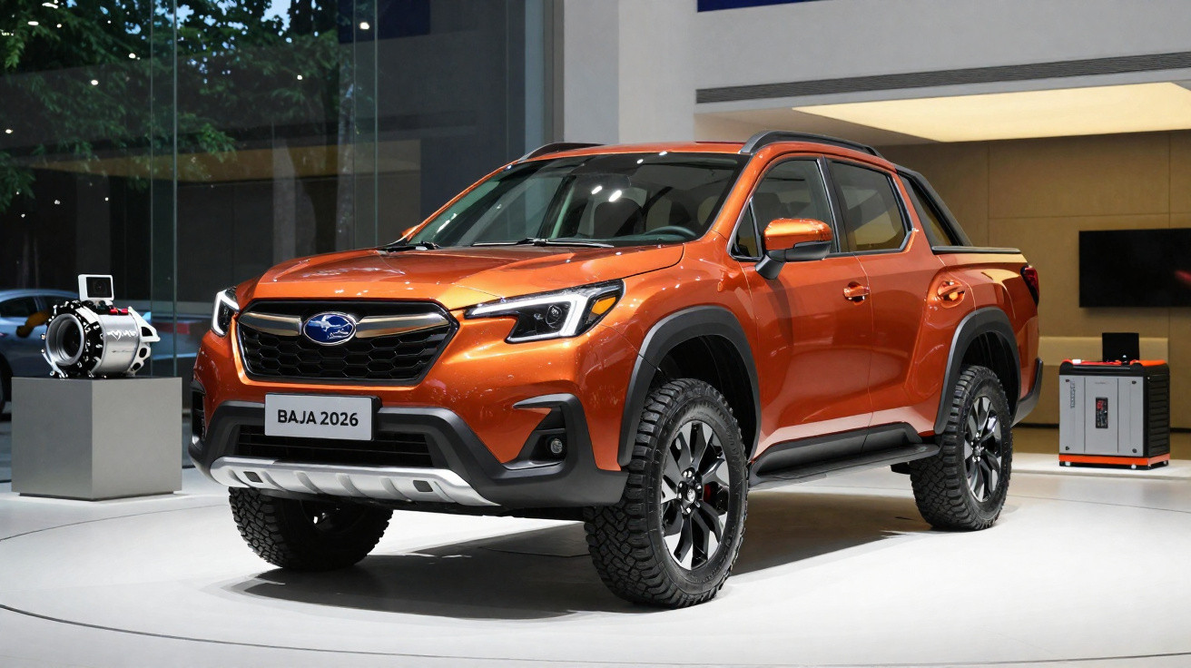 Picape Subaru Baja 2026 na cor laranja exibida em estande moderno com iluminação interna.