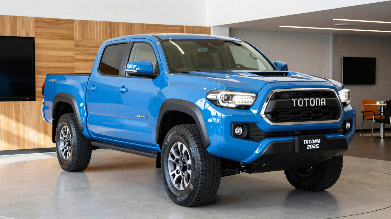 Picape azul Totona Tacoma 2025 em showroom moderno com parede de madeira e móveis.