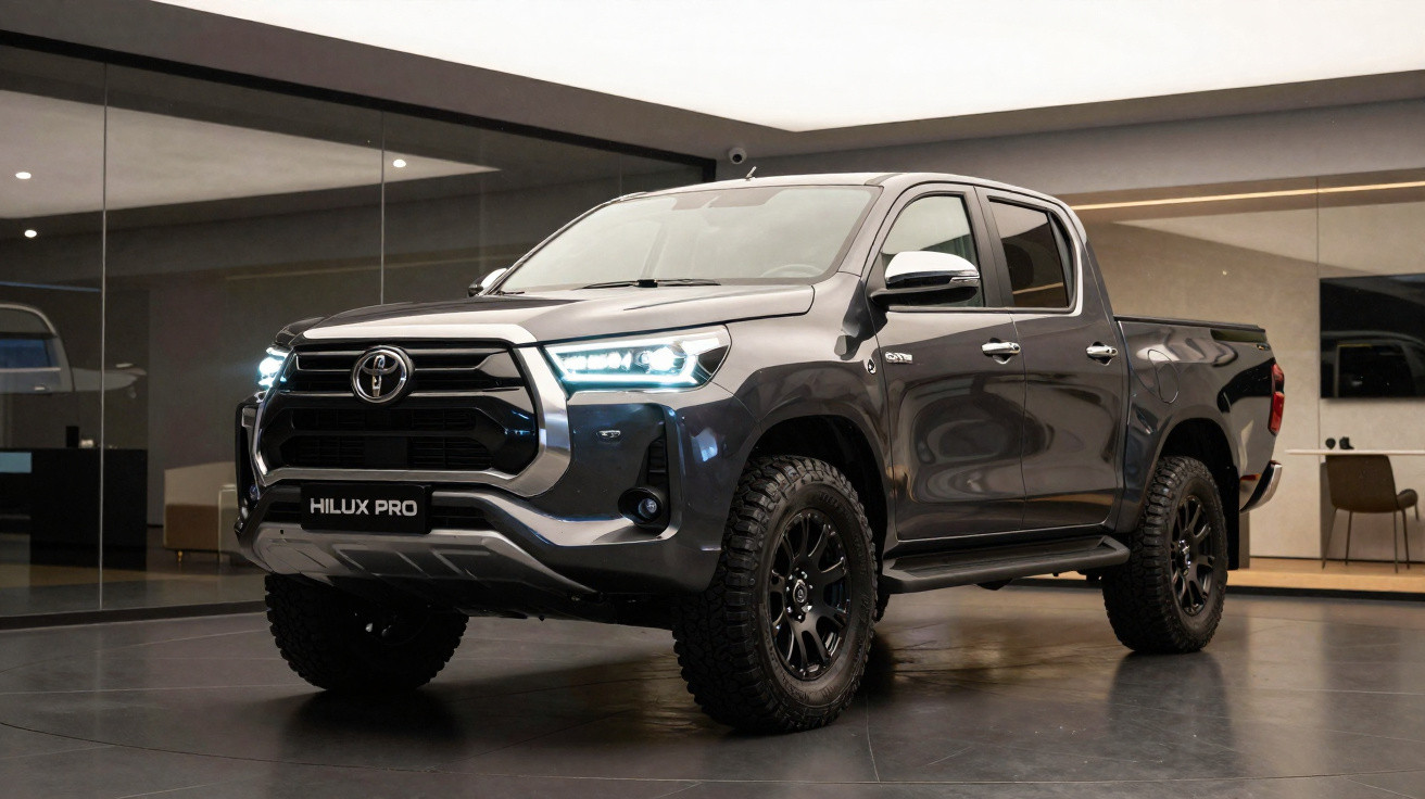 Picape Toyota Hilux Pro cinza estacionada em ambiente interno moderno com iluminação suave.