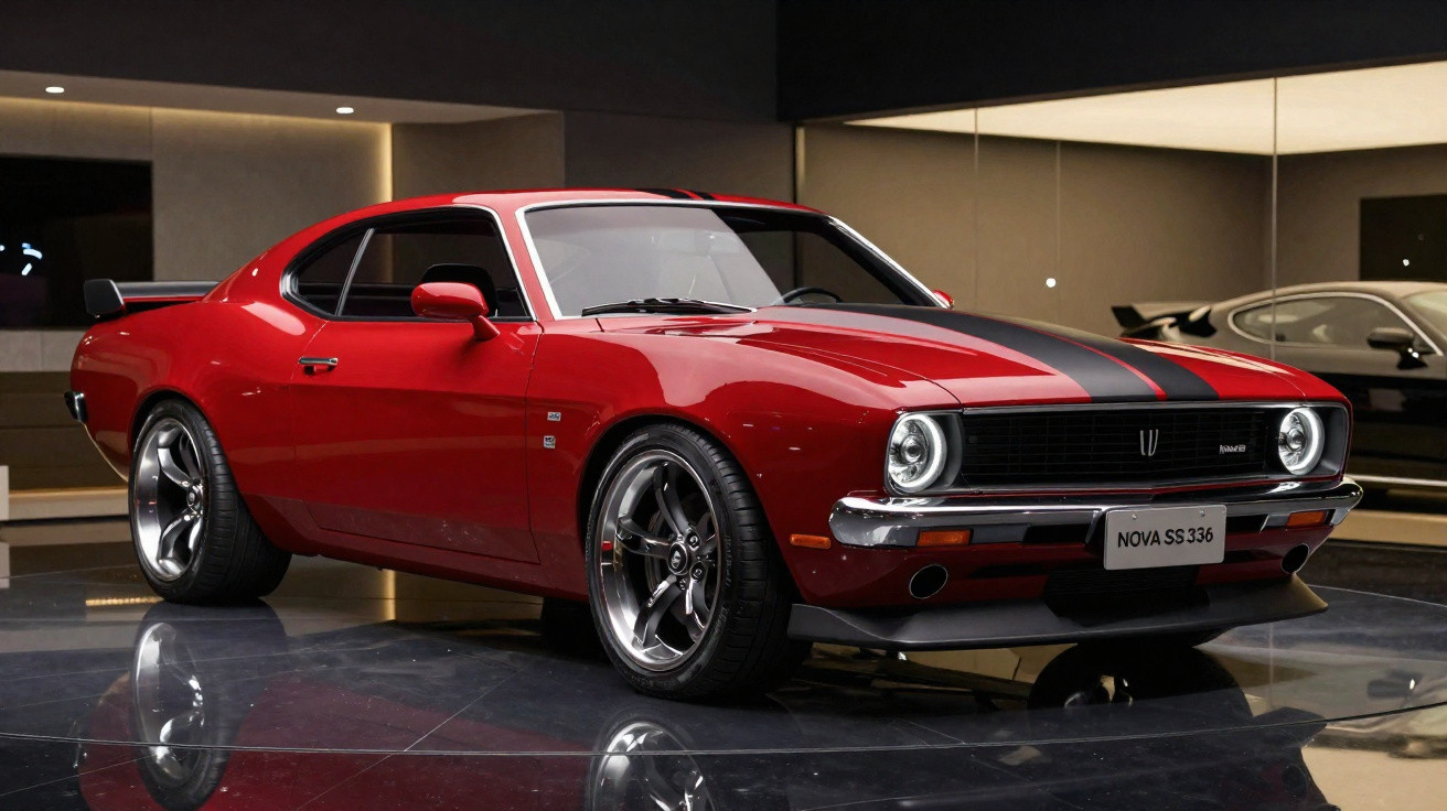 Carro clássico vermelho com faixa preta, estilo muscle car, exibido em salão moderno com piso espelhado.
