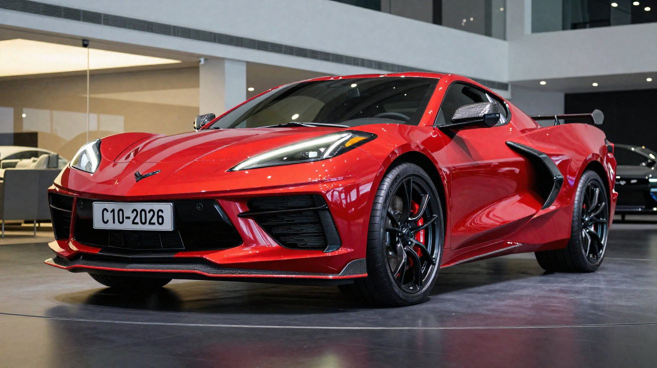 Carro esportivo vermelho Chevrolet Corvette estacionado em showroom com rodas pretas e detalhes aerodinâmicos.