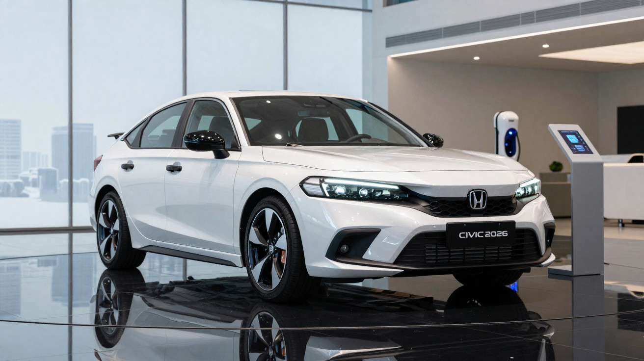 Carro branco Honda Civic 2026 em showroom moderno com piso espelhado e carregador elétrico ao fundo.