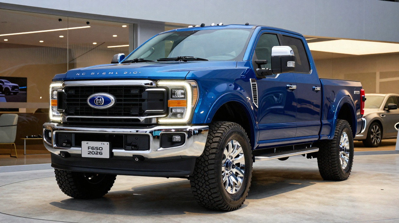 Picape azul Ford F650 2026 exibida em ambiente interno moderno.