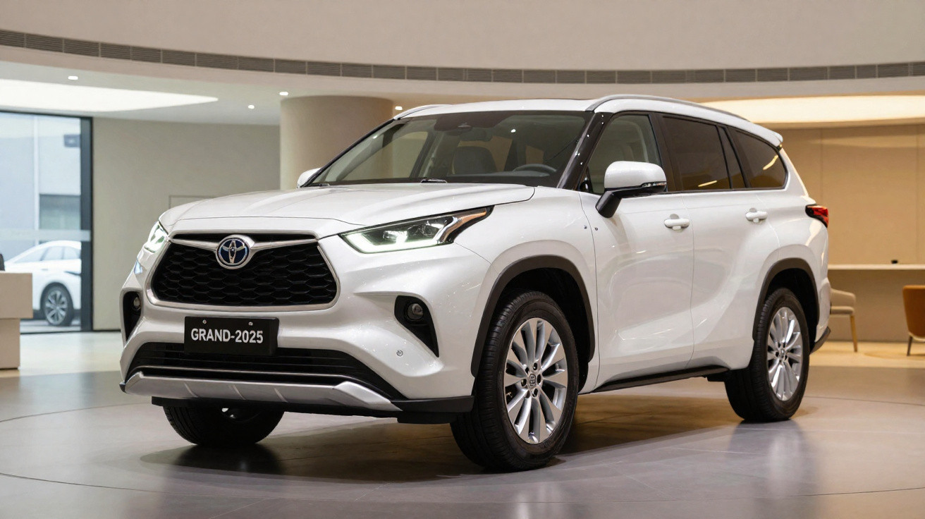 SUV branco Toyota Grand 2025 em destaque em showroom moderno e iluminado.