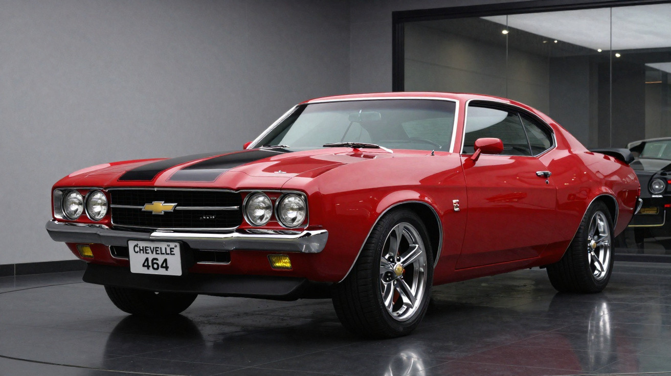 Carro esportivo clássico Chevrolet Chevelle vermelho com faixas pretas, estacionado em ambiente interno moderno.