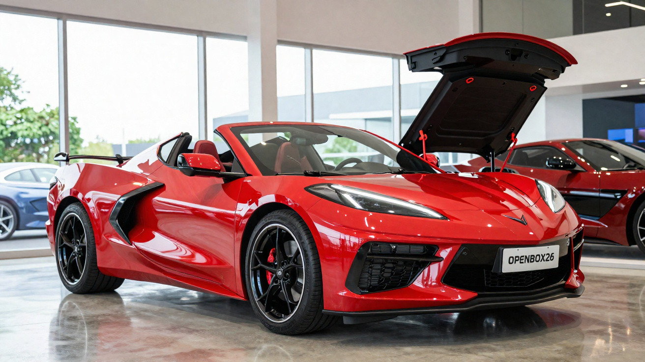 Carro esportivo conversível vermelho com capô dianteiro aberto em showroom moderno.