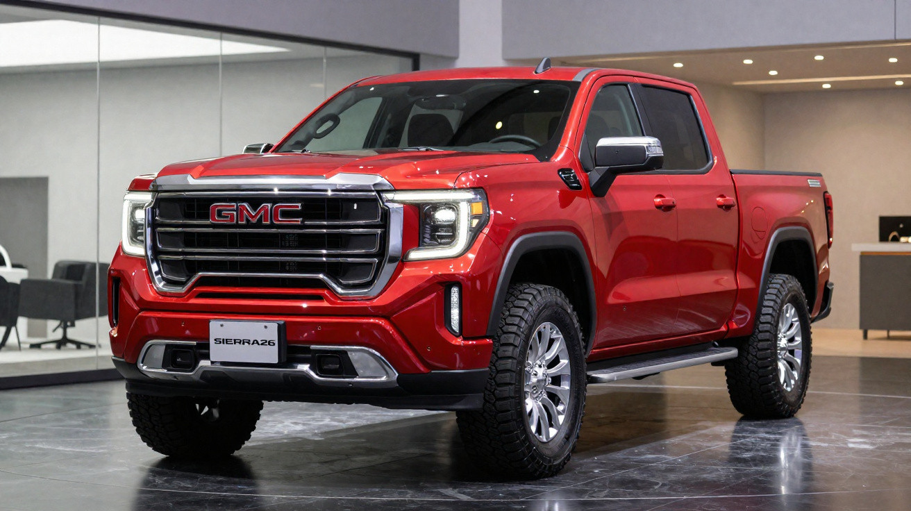 Picape vermelha GMC Sierra 2024 estacionada em ambiente interno moderno e iluminado.