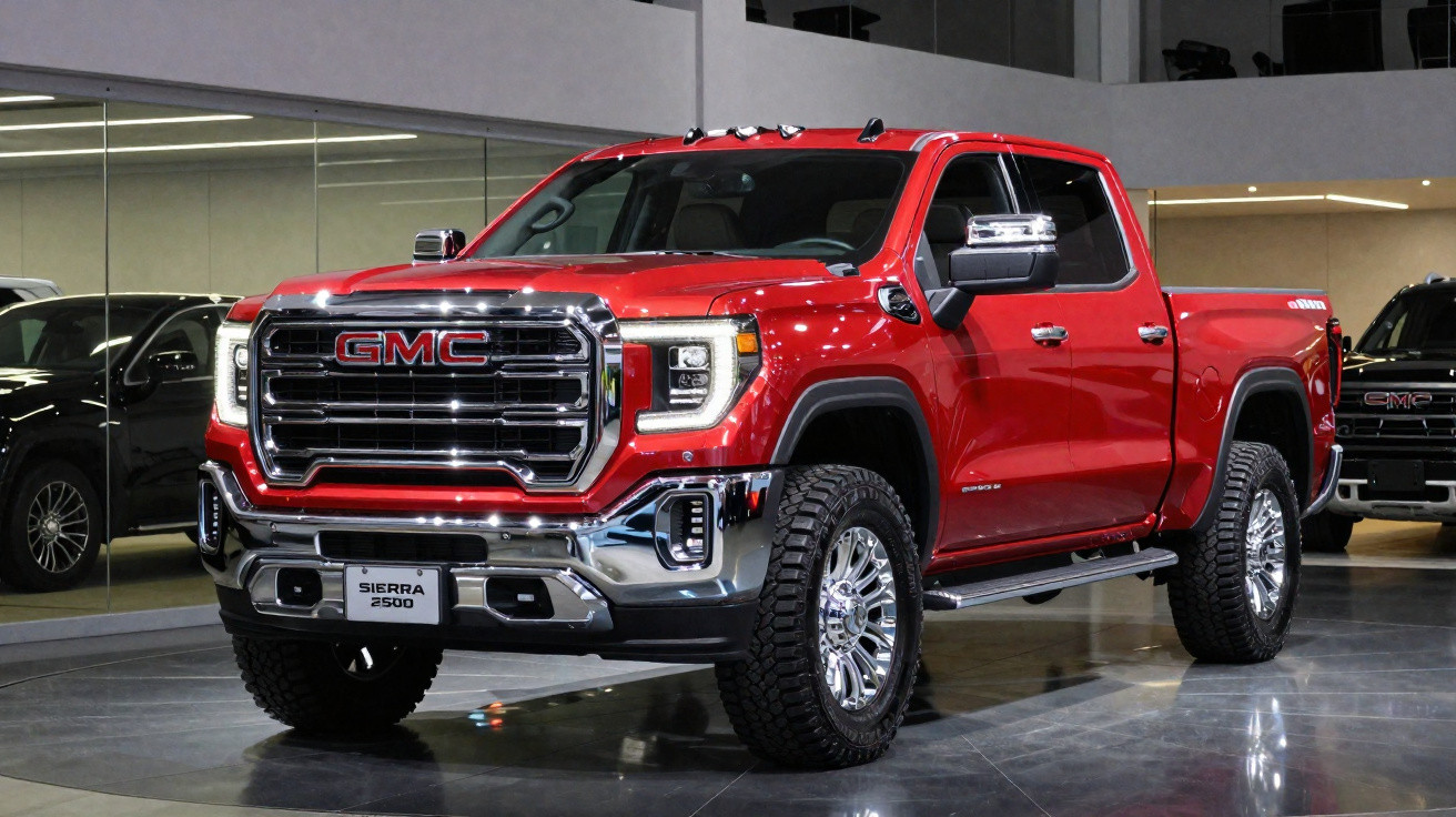 Picape vermelha GMC Sierra 2500 em showroom com rodas cromadas e detalhes em preto e cromado.
