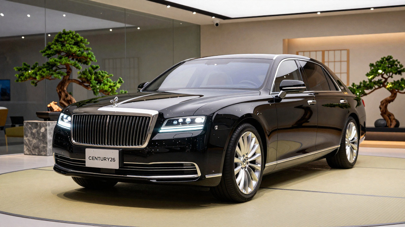 Carro de luxo preto com faróis acesos em ambiente interno moderno com plantas decorativas ao fundo.
