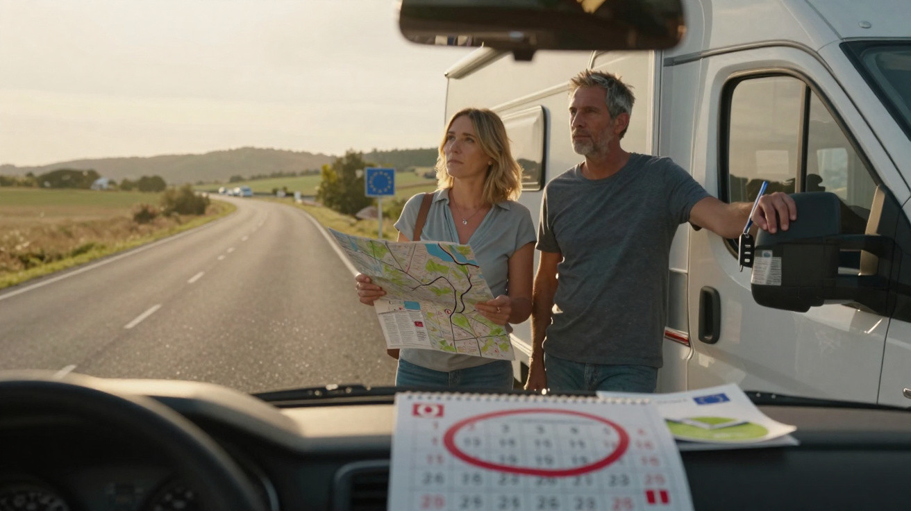 Casal ao lado de van na estrada olhando um mapa sob luz do entardecer.