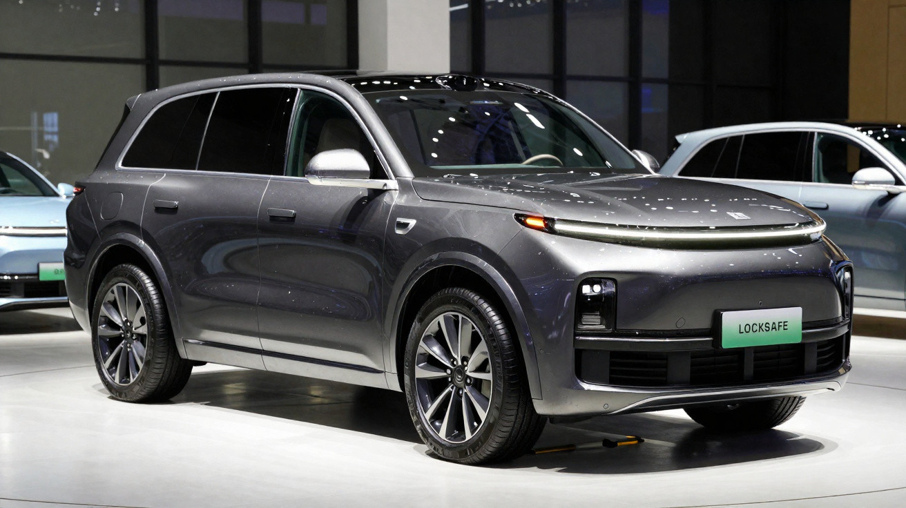 SUV cinza metálico elétrico exibido em salão de automóveis, com faróis e design moderno e aerodinâmico.