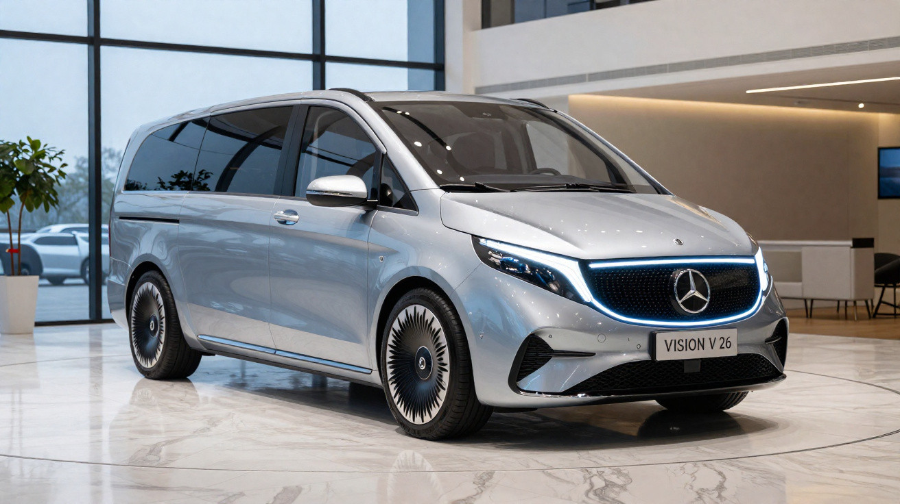 Van elétrica Mercedes-Benz Vision V 26 prateada exibida em ambiente interno moderno.