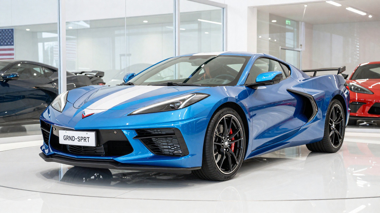 Carro esportivo azul metálico com faróis alongados e rodas pretas em showroom moderno.