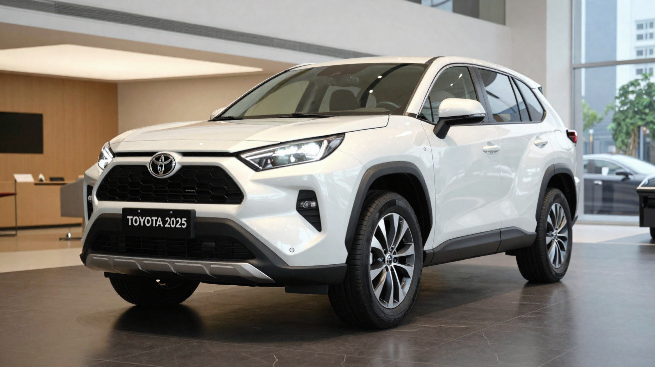 SUV branco Toyota 2025 estacionado em showroom moderno com piso cinza e paredes claras.