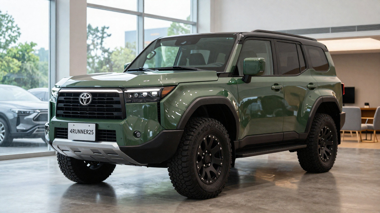 SUV Toyota 4Runner verde militar estacionado em showroom com chão de cimento polido.