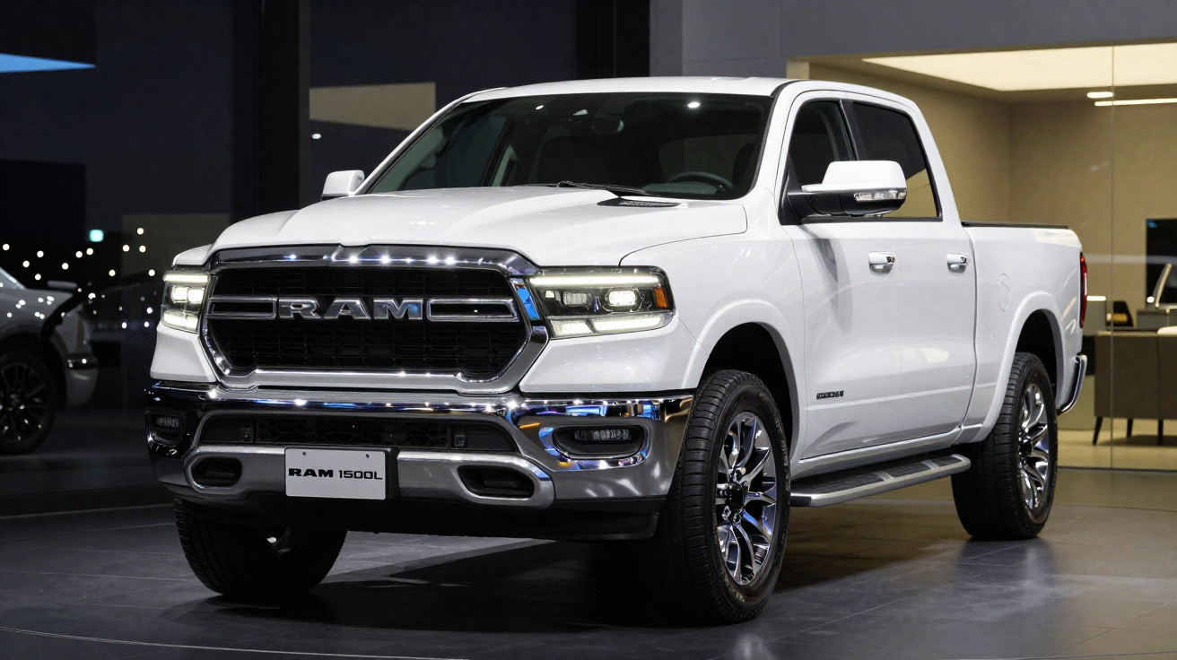 Picape branca RAM 1500L exibida em salão de automóveis com iluminação interna.