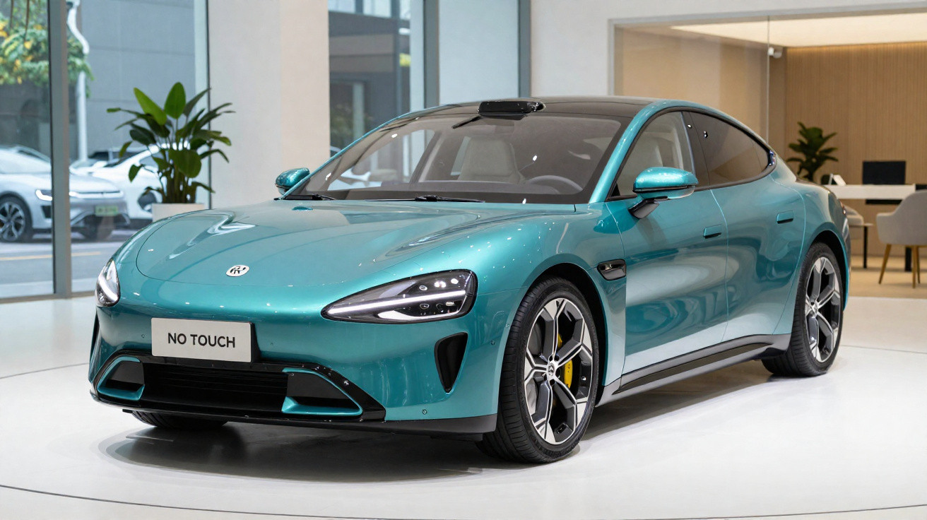 Carro elétrico sedã azul metálico com design moderno exposto em showroom iluminado.