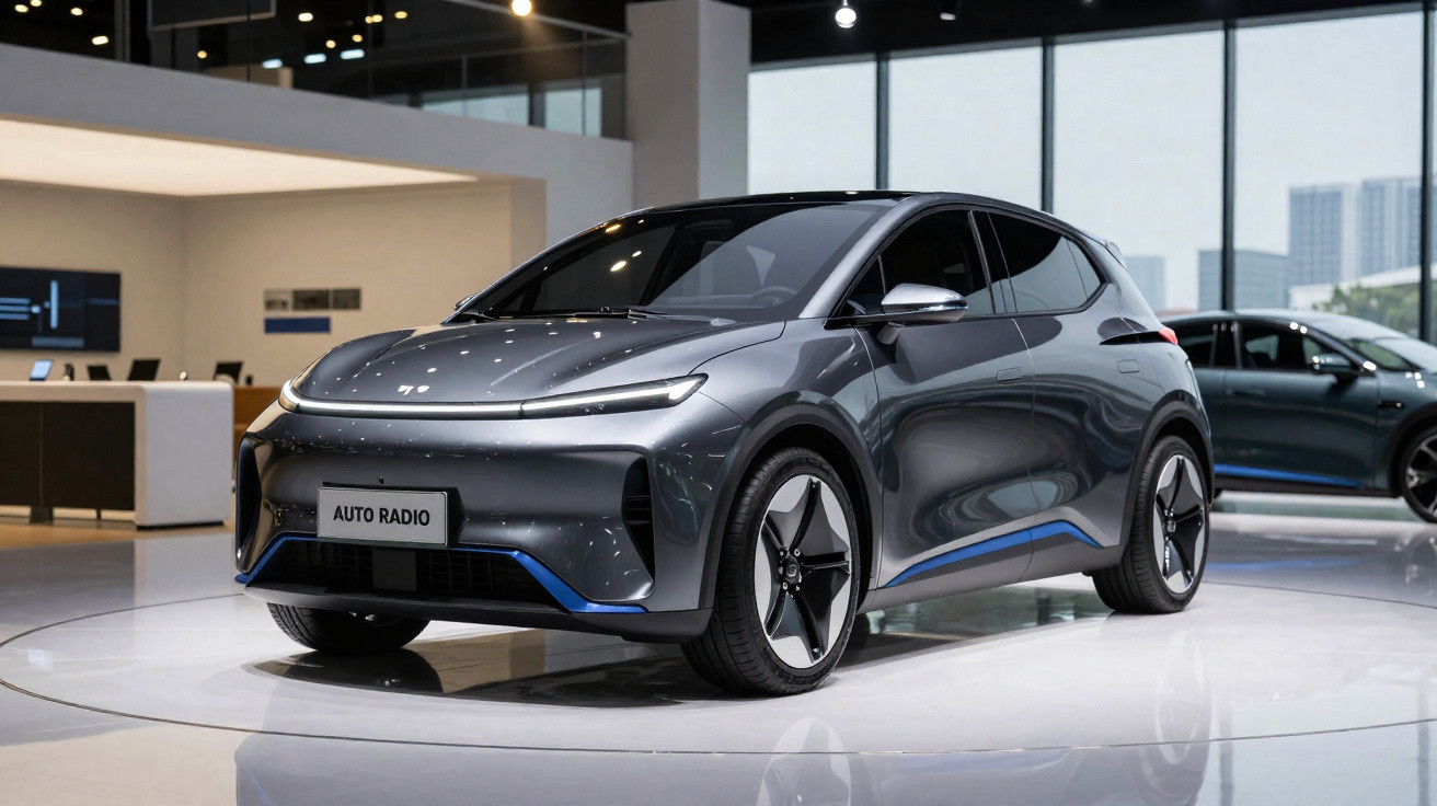 Carro elétrico cinza moderno exibido em plataforma giratória dentro de showroom iluminado.