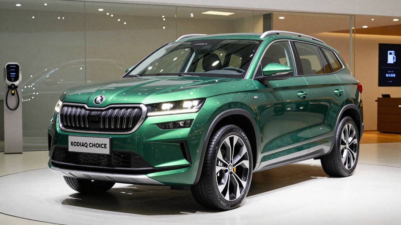 Carro SUV verde Skoda Kodiaq Choice em exposição com detalhes cromados e rodas grandes em ambiente interno.