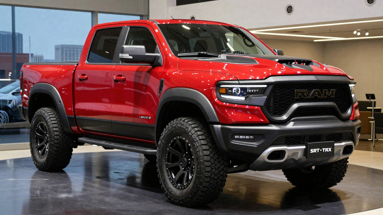 Picape vermelha RAM SRT-TRX exibida em showroom com pneus robustos e design moderno.