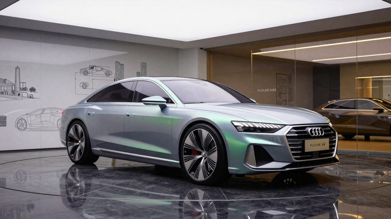 Carro elétrico Audi Future AB em cor prata exibido em ambiente moderno com chão refletivo.