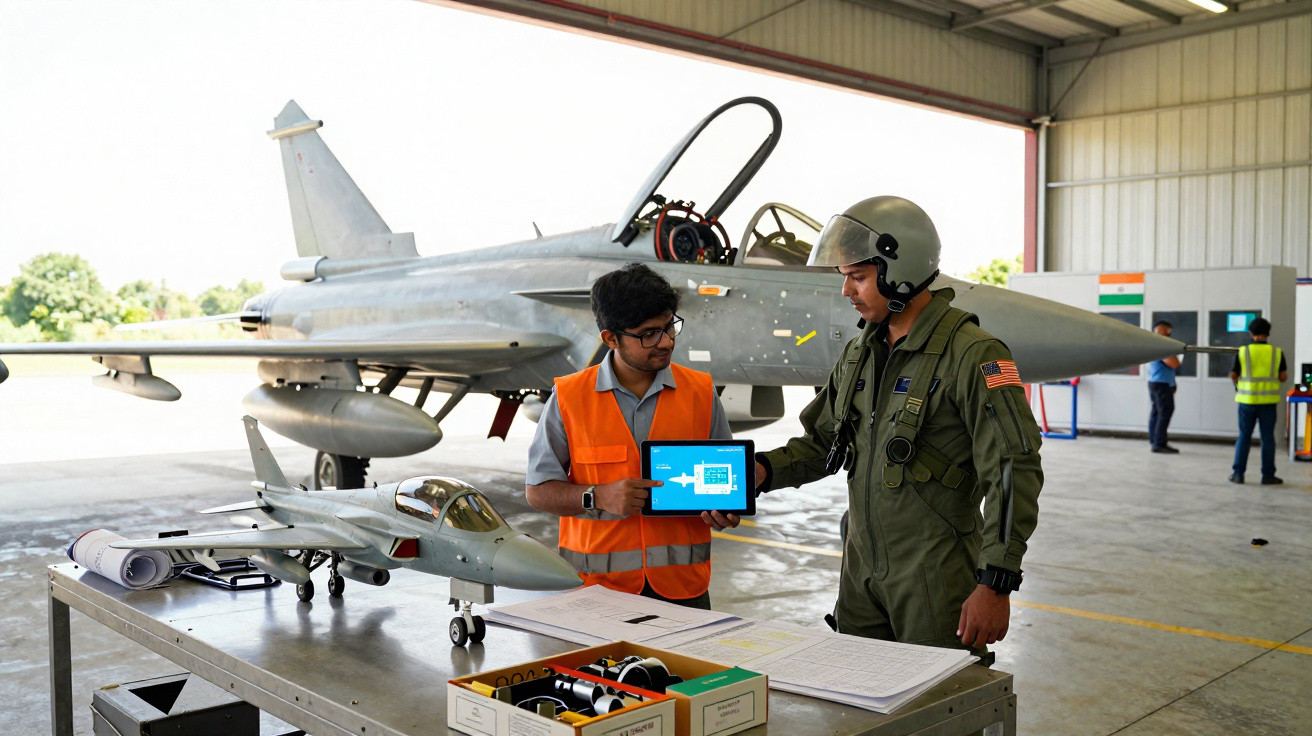 Dois homens, um com uniforme militar e outro com colete laranja, analisam dados em tablet perto de jato militar em hangar.