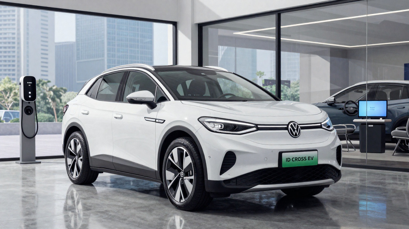 Carro elétrico Volkswagen ID. Cross EV branco em showroom moderno com estação de recarga próxima.