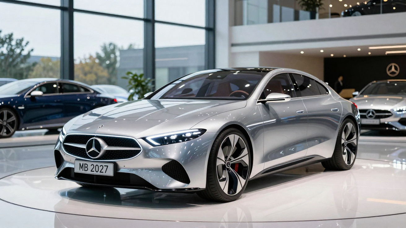 Carro elétrico Mercedes-Benz prateado em exposição interna com design moderno e aerodinâmico.