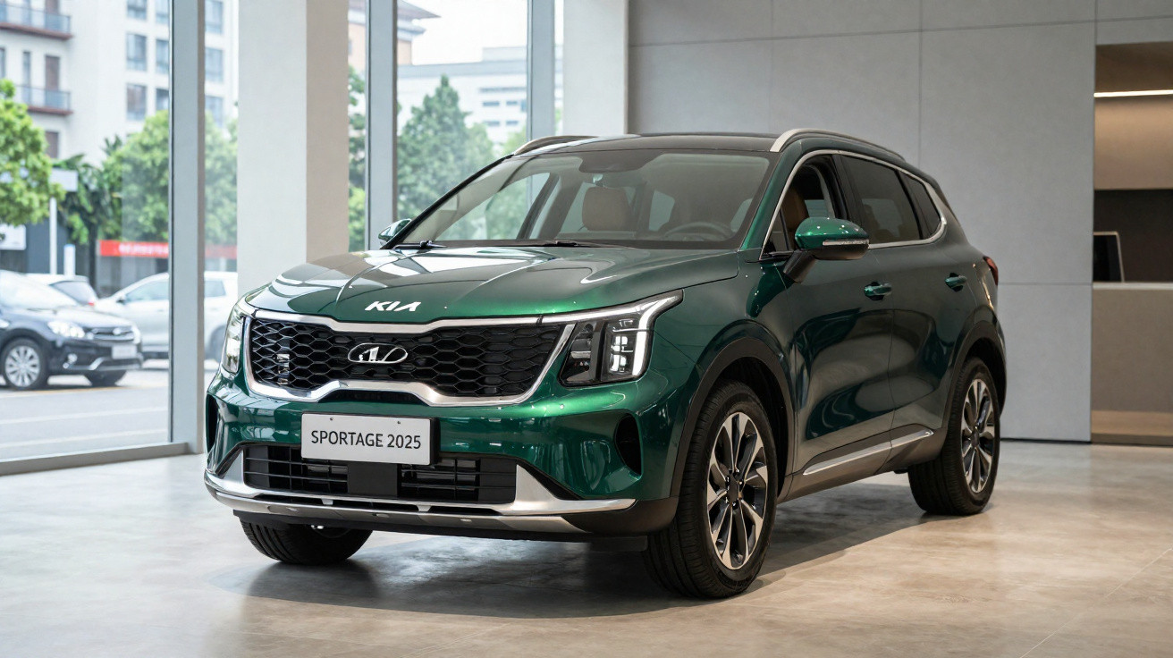 SUV Kia Sportage 2025 verde escuro exibido em showroom com iluminação natural e piso claro.
