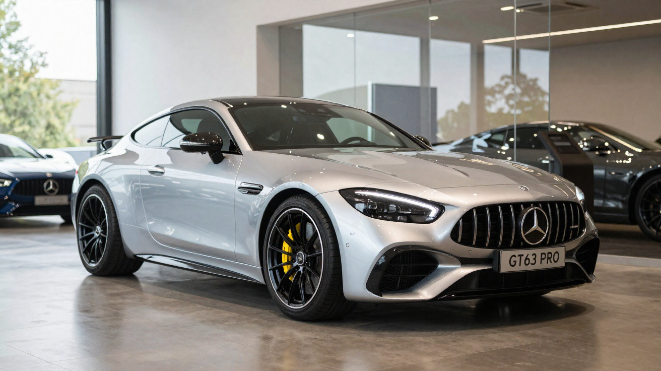 Carro esportivo Mercedes-Benz prata GT63 PRO estacionado em showroom moderno e iluminado.
