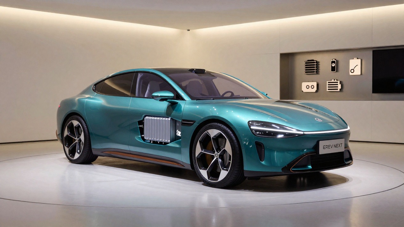 Carro elétrico verde metálico exposto em ambiente moderno com bateria destacada na lateral.
