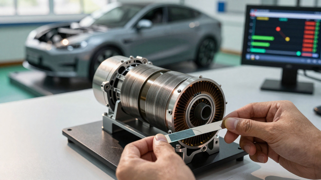 Mãos manuseando peça diante de motor elétrico, com carro cinza e computador ao fundo em laboratório.