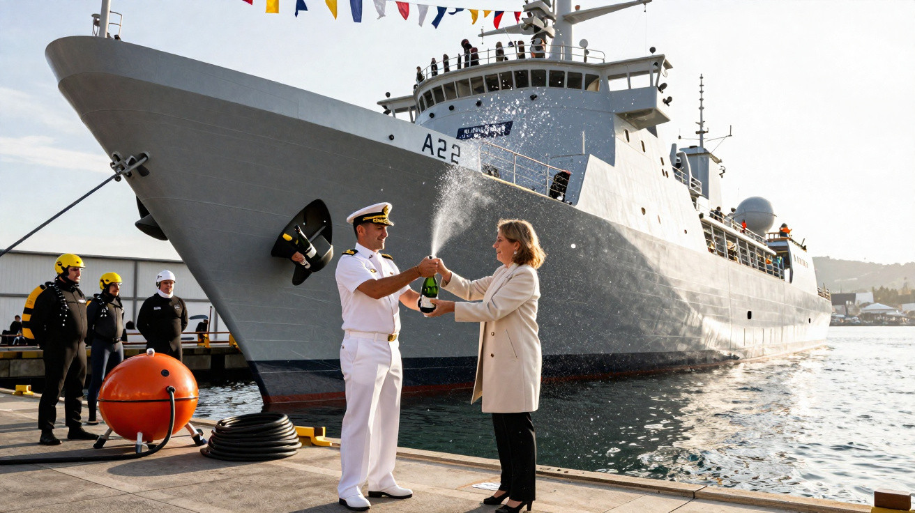 Homem de uniforme naval e mulher comemoram com champanhe na cerimônia de batismo de navio militar no cais.