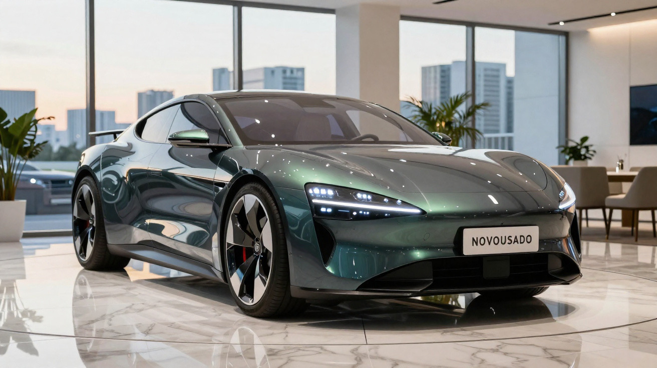 Carro esportivo verde metálico estacionado em showroom moderno com piso branco e grandes janelas.