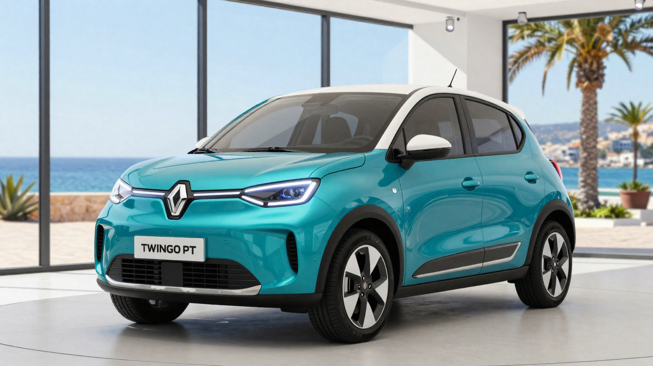 Carro Renault Twingo PT azul com teto branco exibido em showroom com vista para o mar.