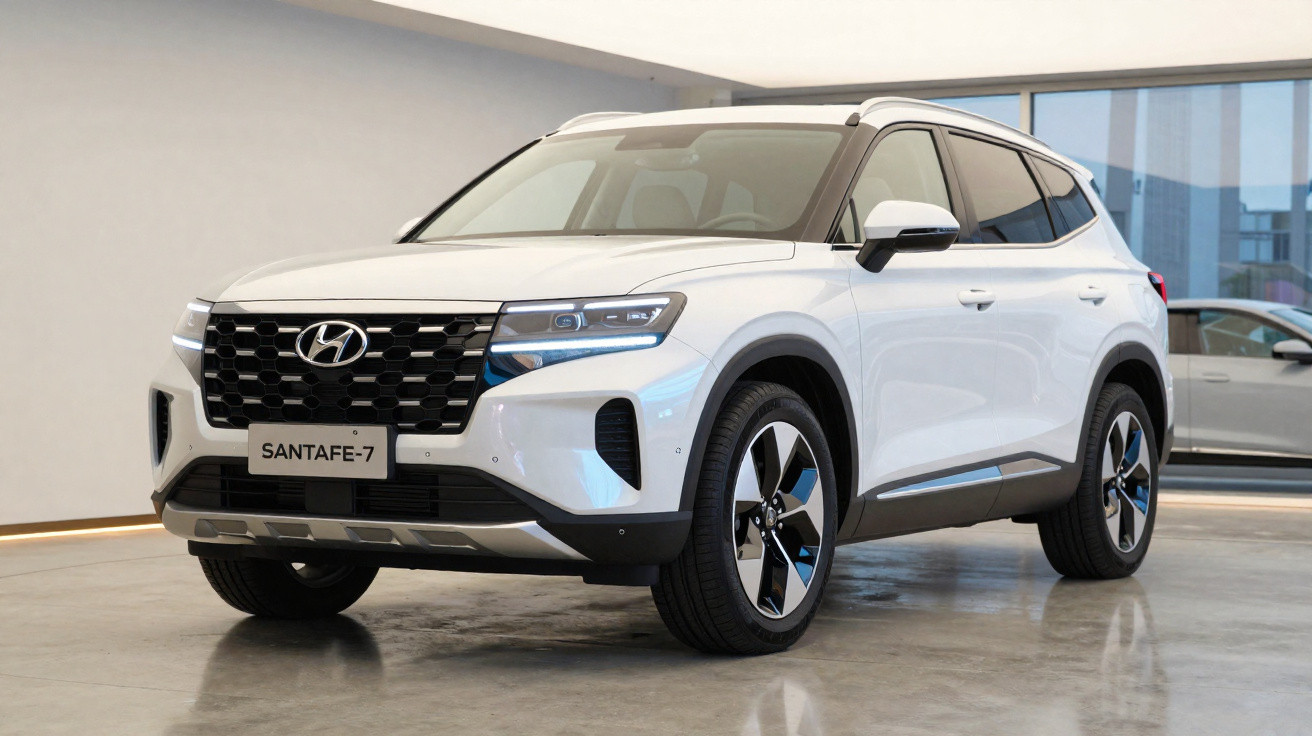 SUV Hyundai Santa Fe branco estacionado em ambiente interno, vista frontal direita.