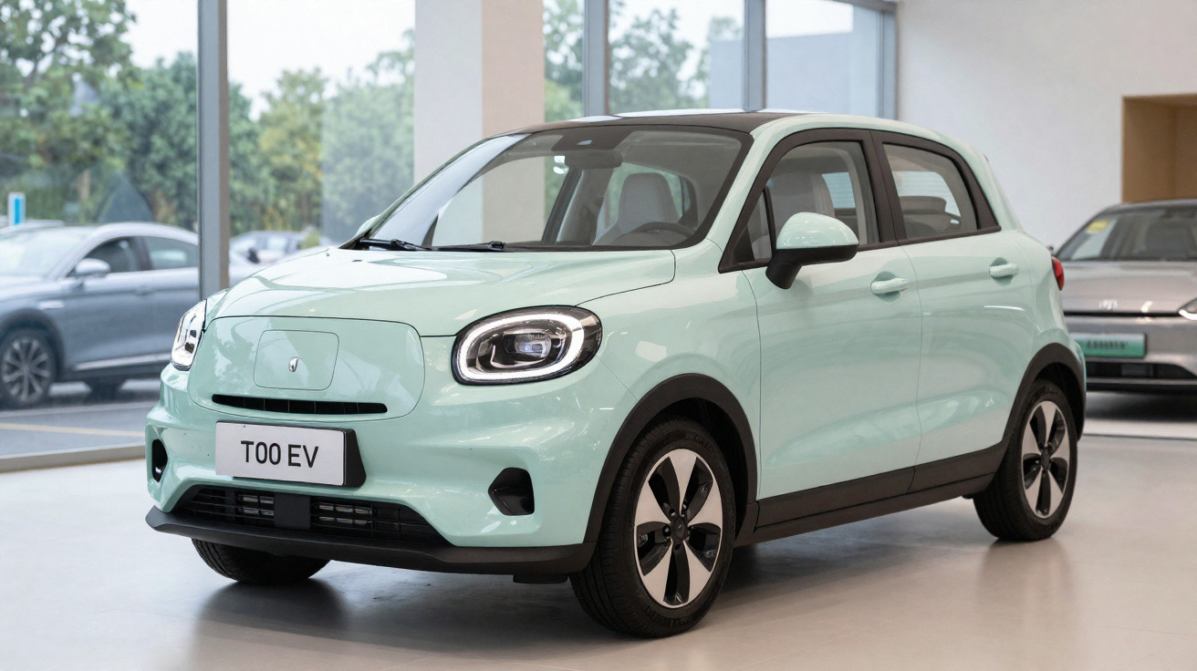 Carro elétrico compacto verde claro estacionado em showroom moderno com iluminação natural.
