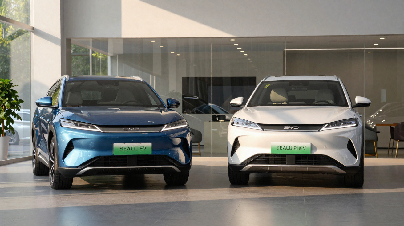 Dois carros SUV BYD Seal U EV e PHEV lado a lado em showroom moderno.
