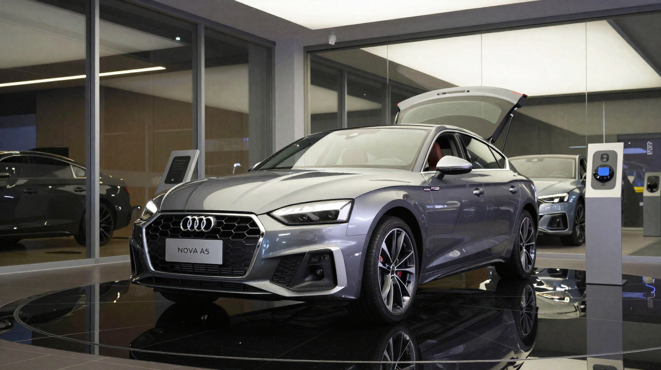 Audi A5 cinza em showroom moderno com o porta-malas traseiro aberto e carregador elétrico ao lado.
