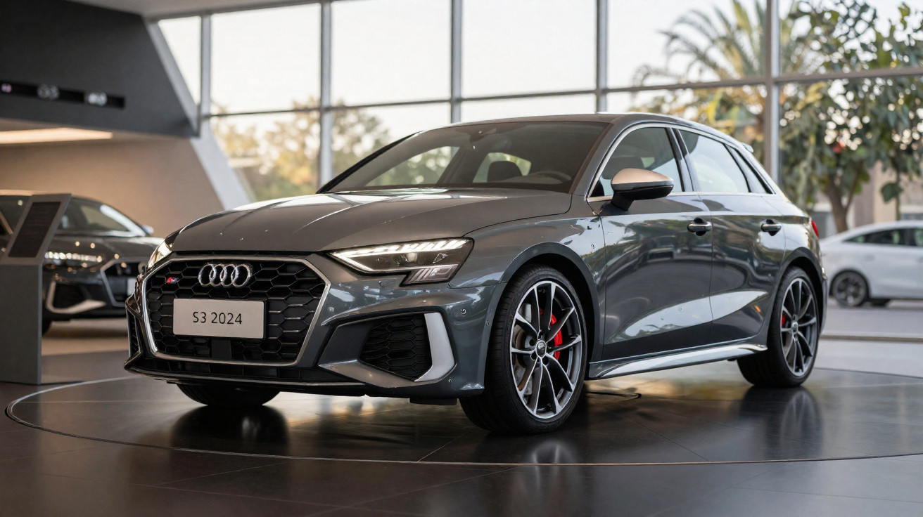 Audi S3 2024 cinza exibido em showroom moderno com iluminação natural e piso escuro.