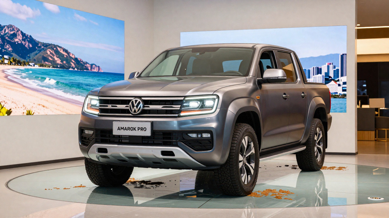 Picape Volkswagen Amarok Pro cinza exibida em showroom com fundos de praia e cidade em painéis digitais.