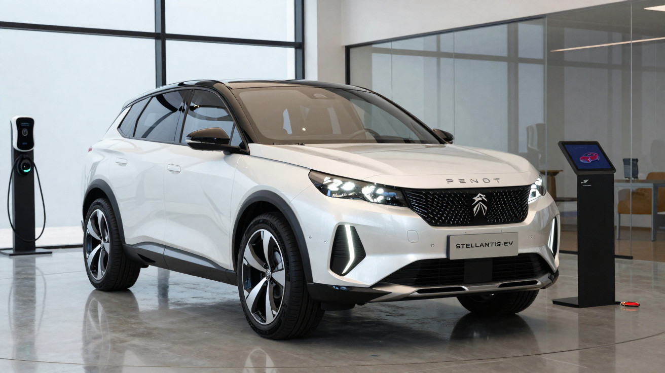 SUV branco elétrico Peugeot Stellantis EV exibido em showroom moderno com carregador elétrico ao lado.